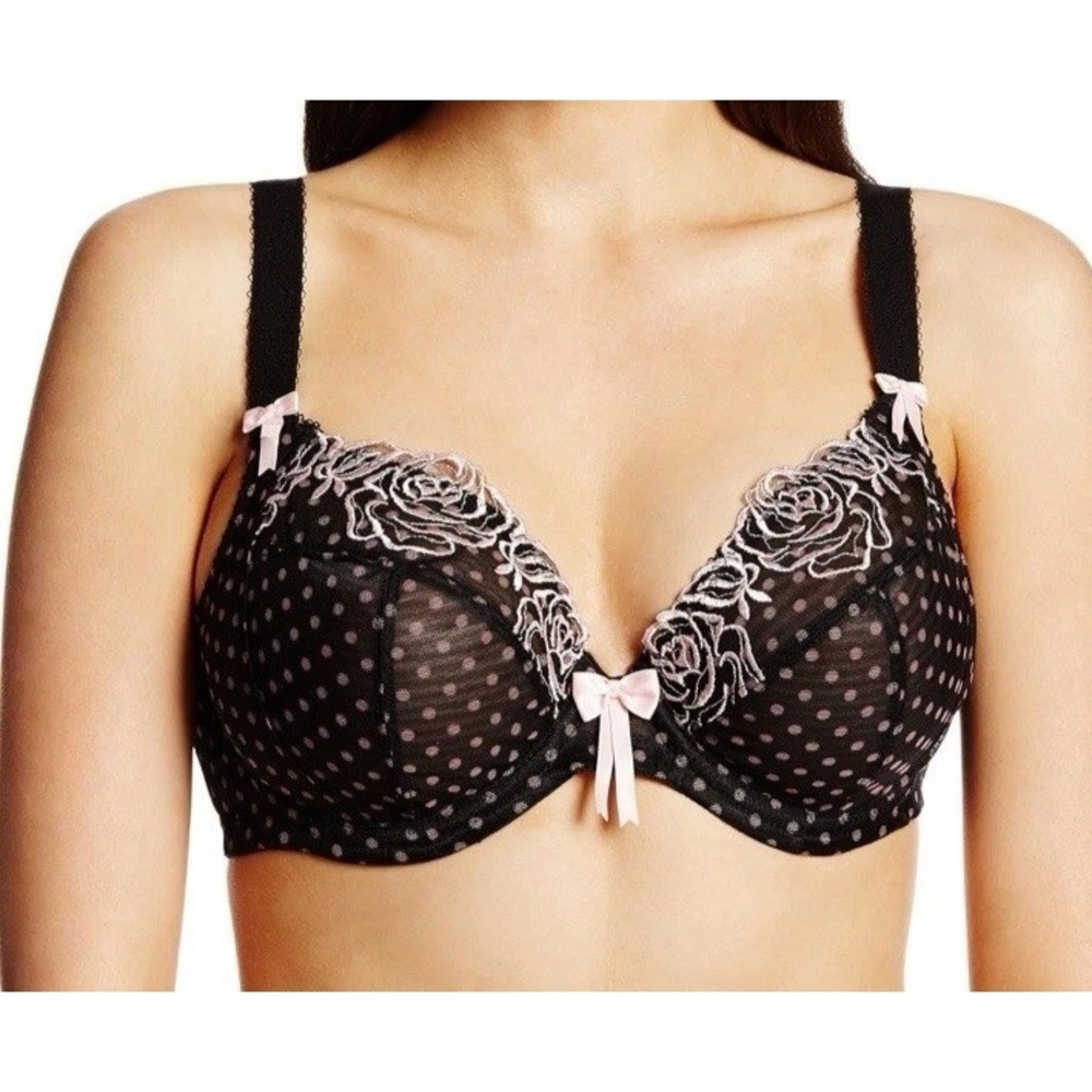 Elomi Betty Underwire Plunge Bra US 36L / UK 36HH Black Pink Polka Dot EL8170